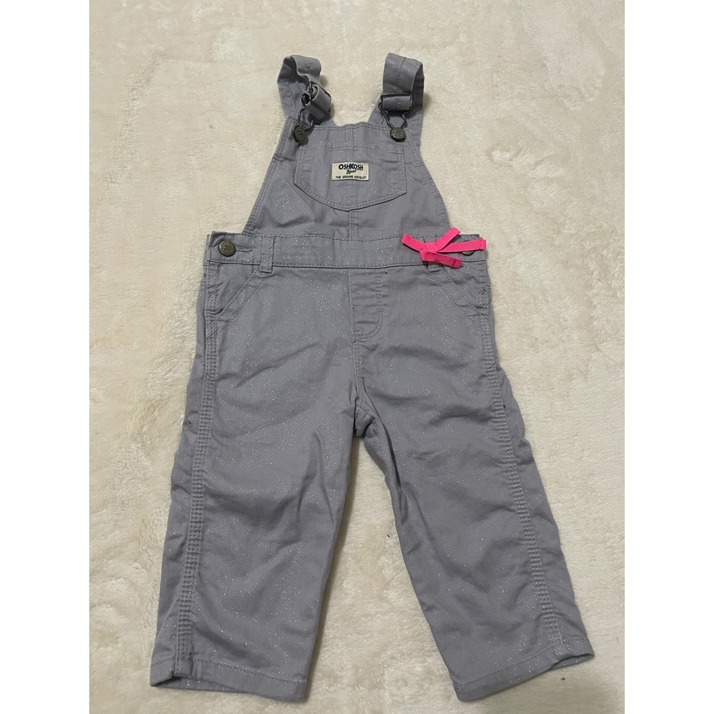 OshKosh Bgosh Girls Grey Glitter Sparkle Bib Overalls Pink Bow 12M
